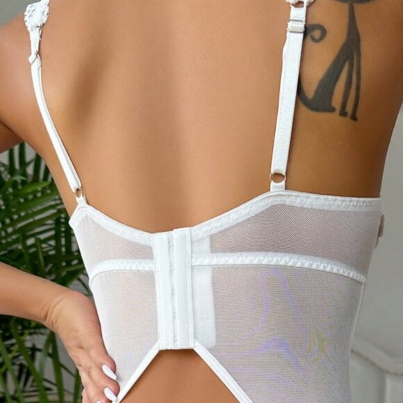 Embroidery White Floral Longline Bra Set Women Lingerie Set White Mesh - Picture 6 of 12